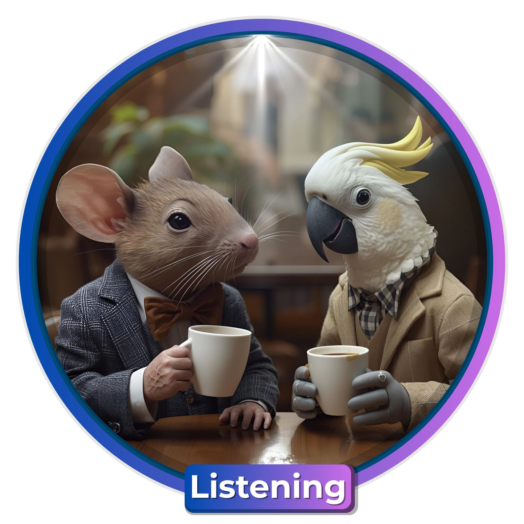An artificially generated image of a mouse and a parrot having coffee together in a rustic coffee shop.