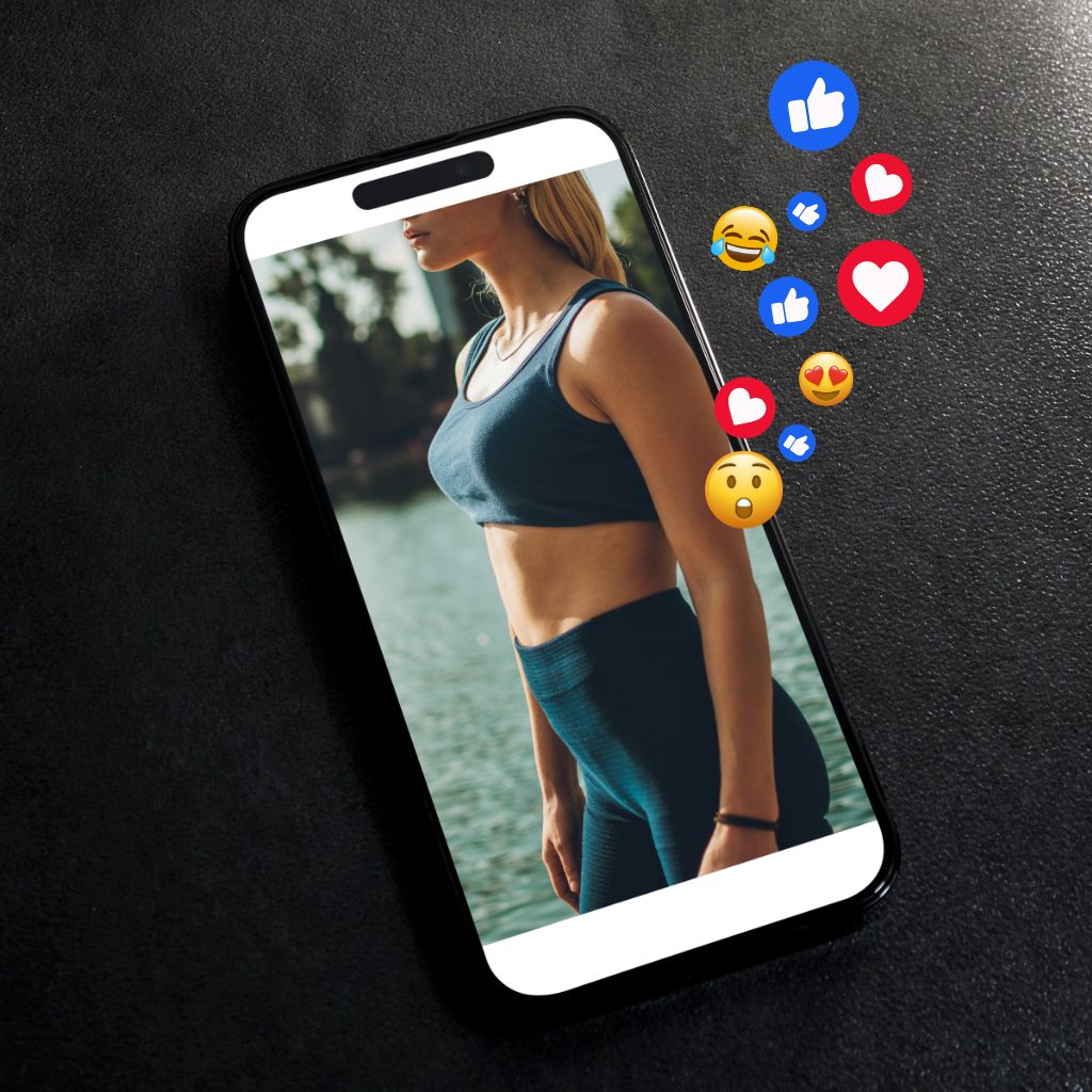 A smartphone with an image of a woman wearing fitness apparel and social media reactions coming from the phone.