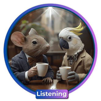 An artificially generated image of a mouse and a parrot having coffee together in a rustic coffee shop.