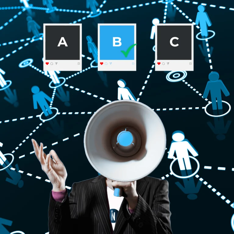 A graphic design of a person holding a megaphone with an illustration of A/B testing above him.