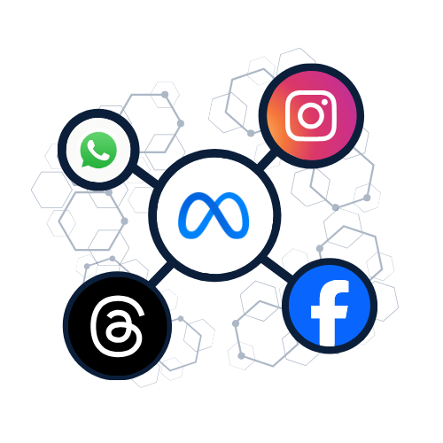 Graphic illustration of Meta Business Suite and connected apps like Whatsapp, Instagram, Facebook, and Threads.