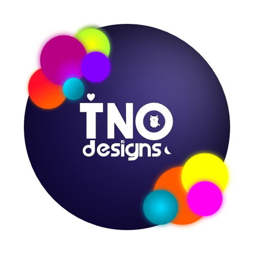 A colorful graphic design with the words TNO Designs